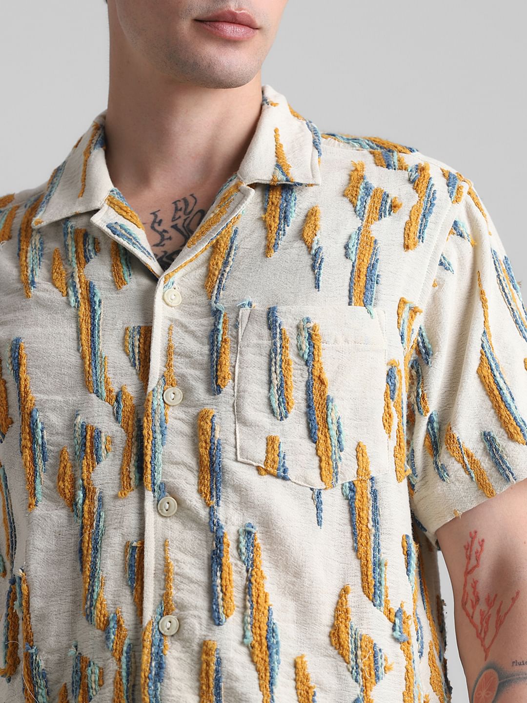 Beige Embroidered Short Sleeves Shirt