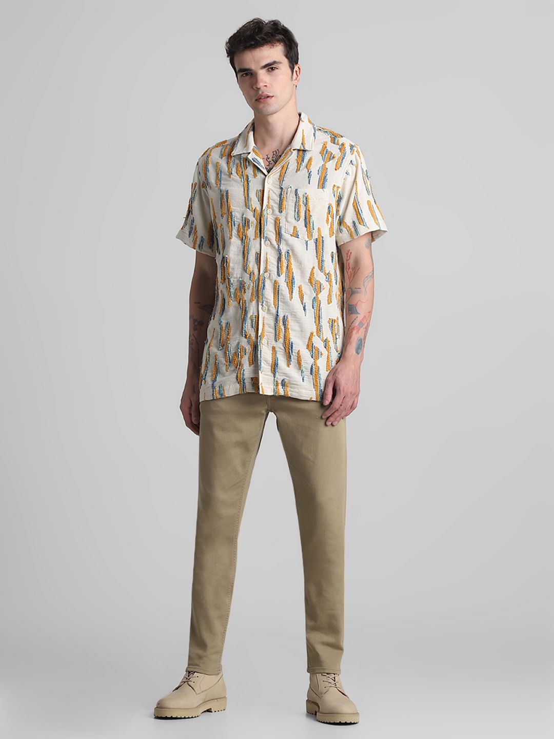 Beige Embroidered Short Sleeves Shirt