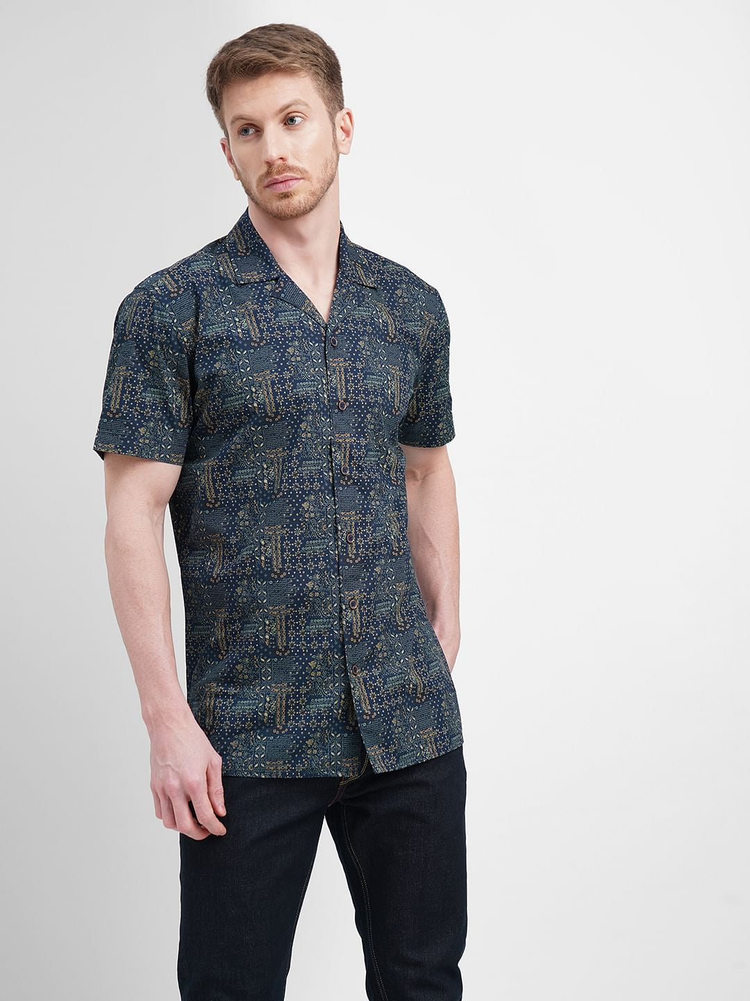 Blue Printed Short Sleeves Shirt