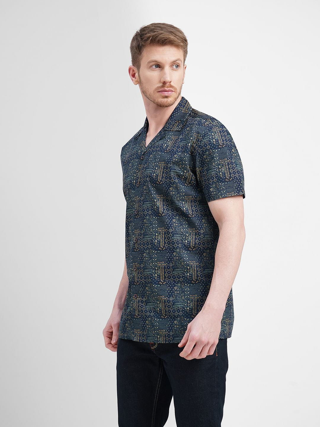 Blue Printed Short Sleeves Shirt