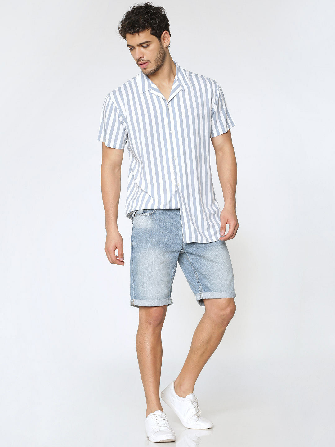 Blue And White Striped Short Sleeves Shirt