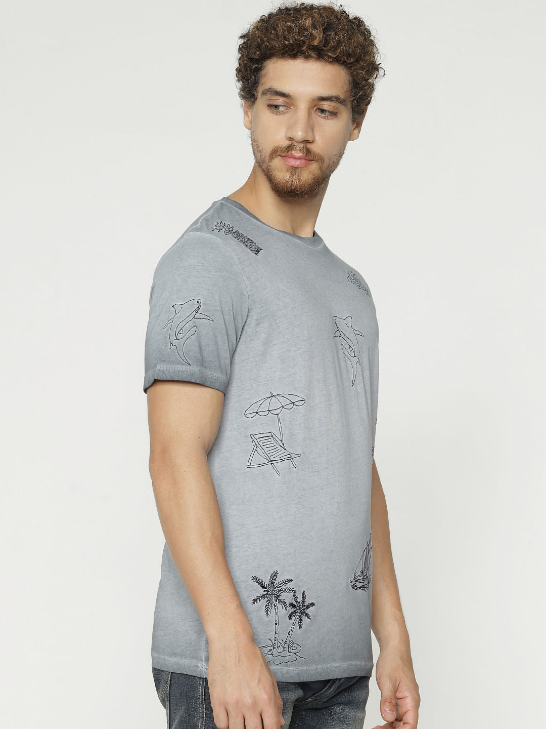 Grey Printed Crew Neck T-Shirt