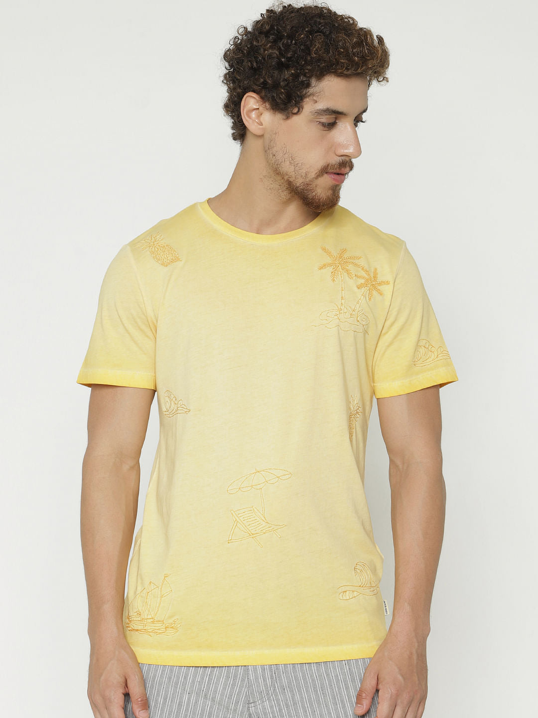 Yellow Printed Crew Neck T-Shirt