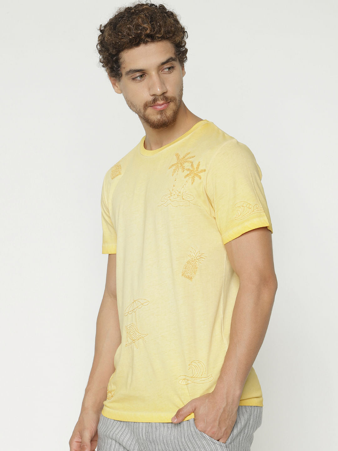 Yellow Printed Crew Neck T-Shirt