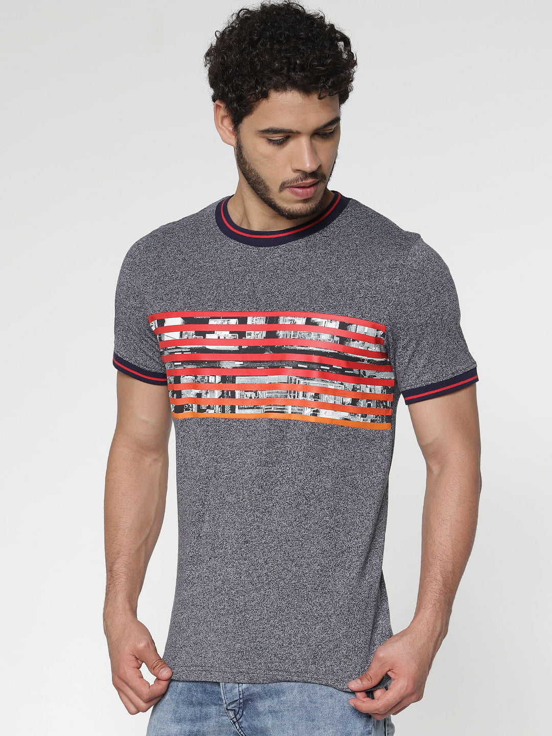 Grey Printed Contrast Tipping Crew Neck T-Shirt