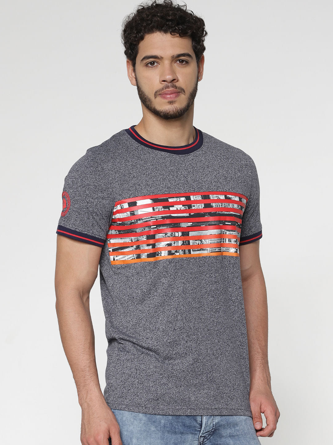 Grey Printed Contrast Tipping Crew Neck T-Shirt