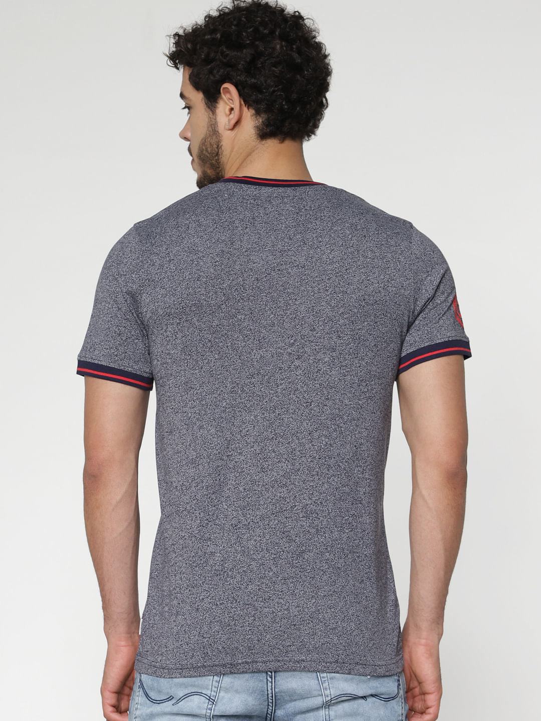 Grey Printed Contrast Tipping Crew Neck T-Shirt