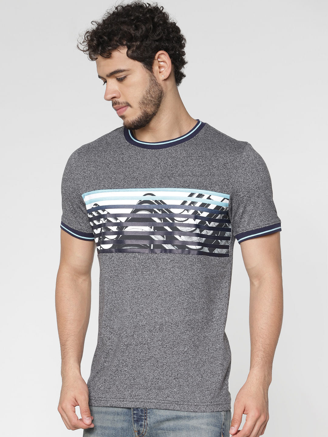 Grey Chest Printed Contrast Tipping Crew Neck T-Shirt