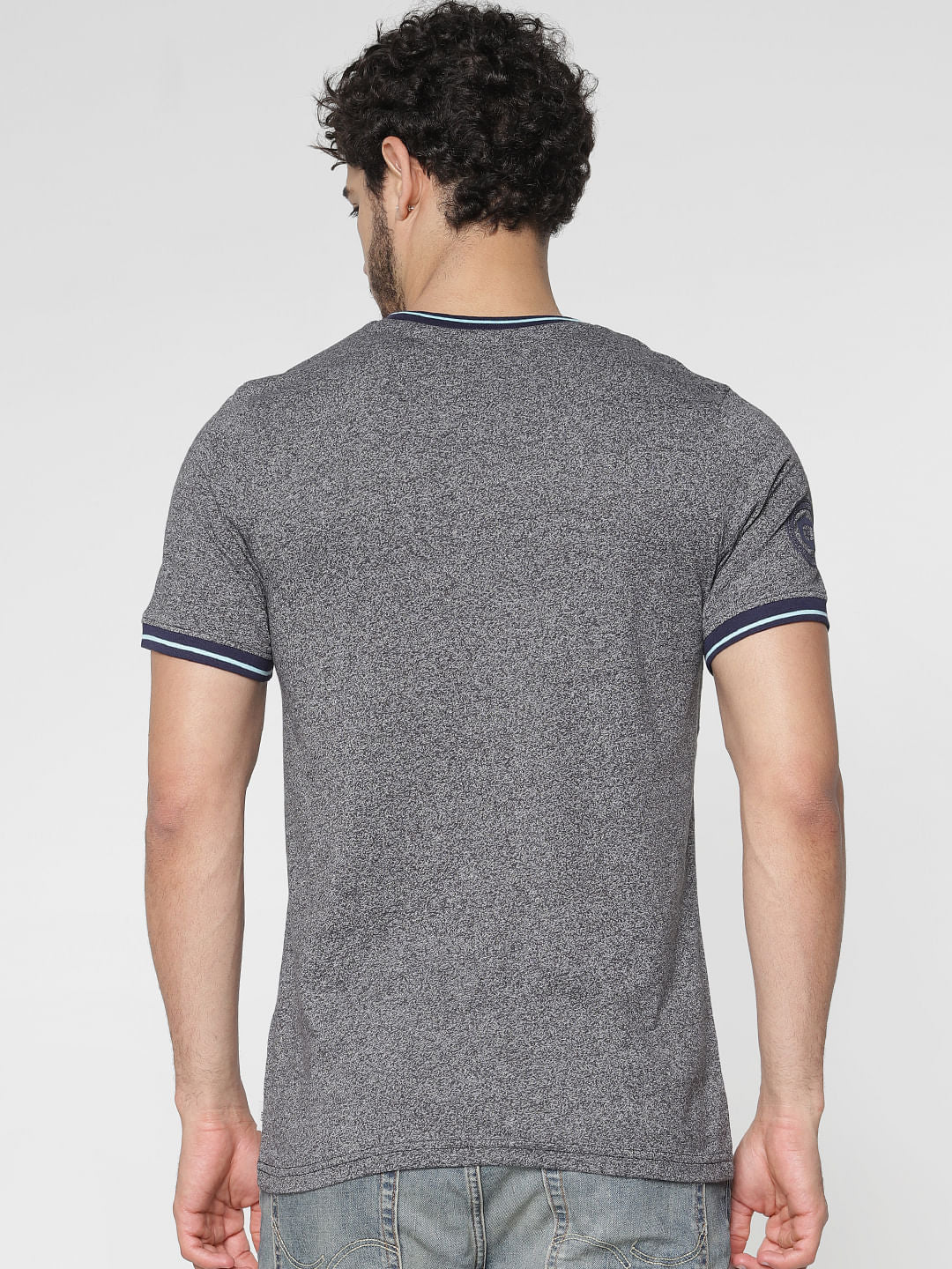 Grey Chest Printed Contrast Tipping Crew Neck T-Shirt