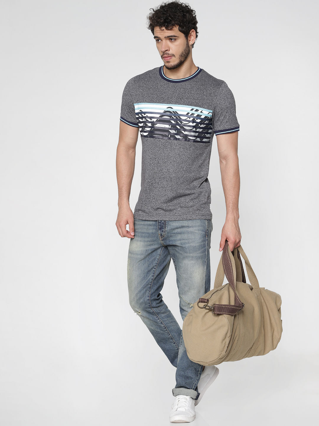 Grey Chest Printed Contrast Tipping Crew Neck T-Shirt