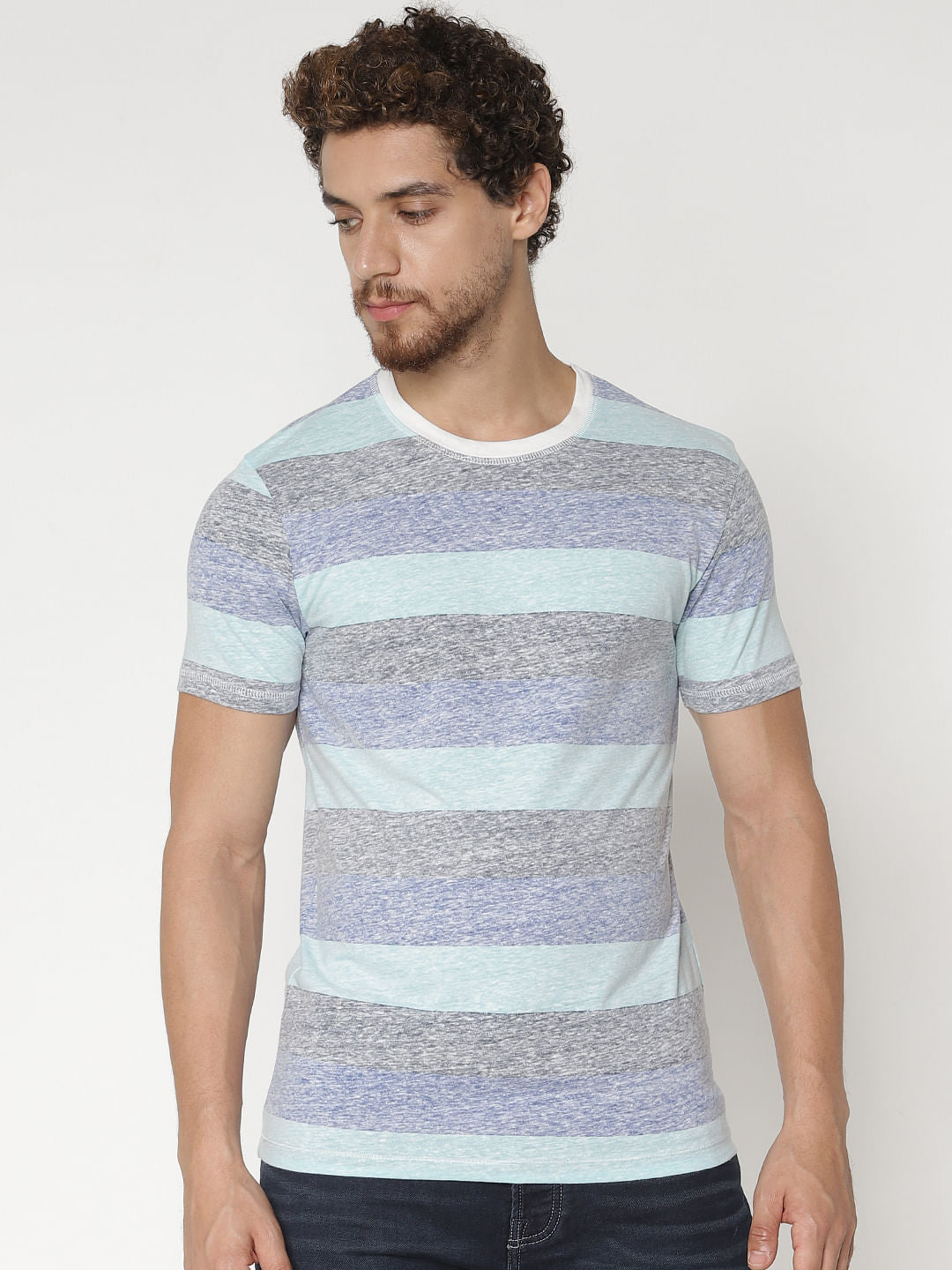 Blue Striped Colour Blocked Crew Neck T-Shirt