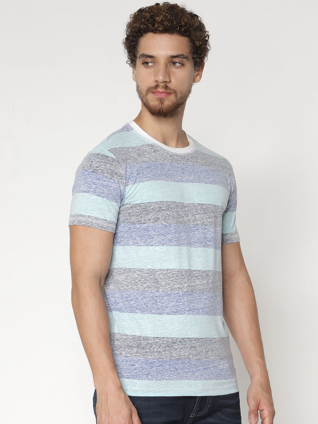 Blue Striped Colour Blocked Crew Neck T-Shirt