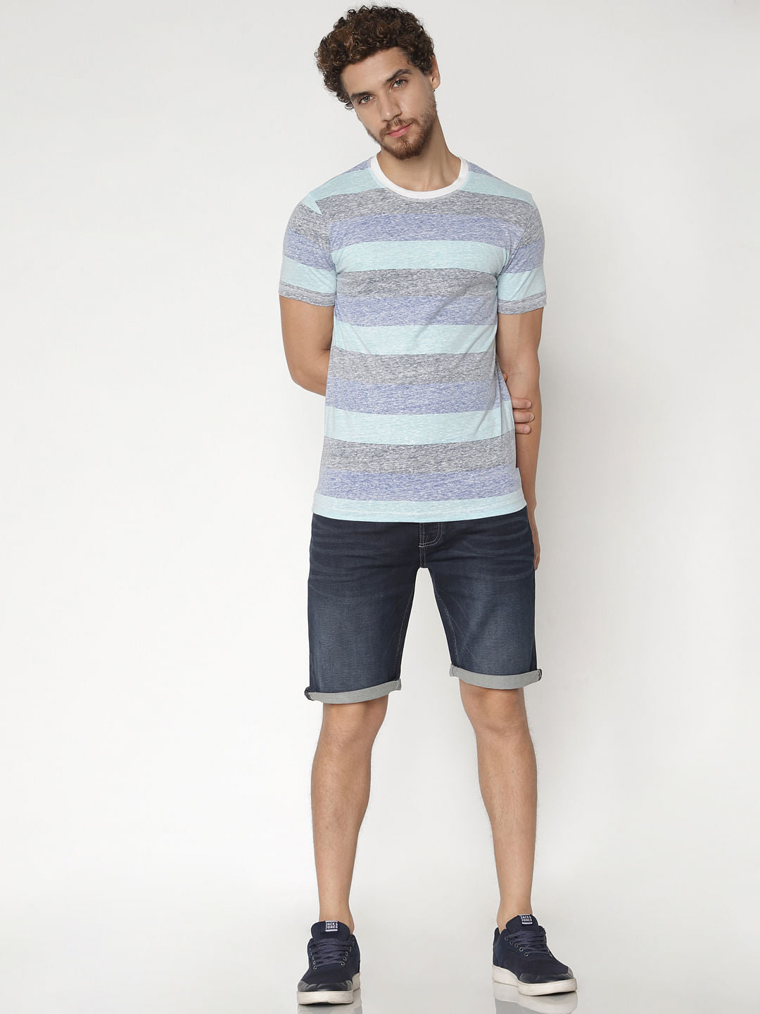 Blue Striped Colour Blocked Crew Neck T-Shirt