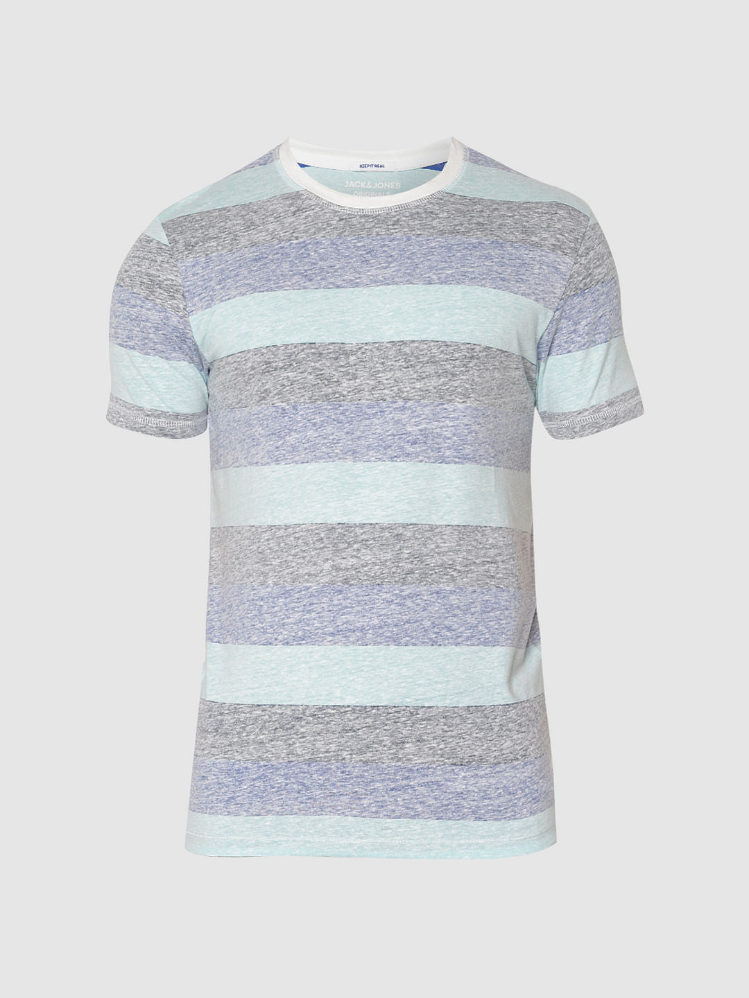 Blue Striped Colour Blocked Crew Neck T-Shirt
