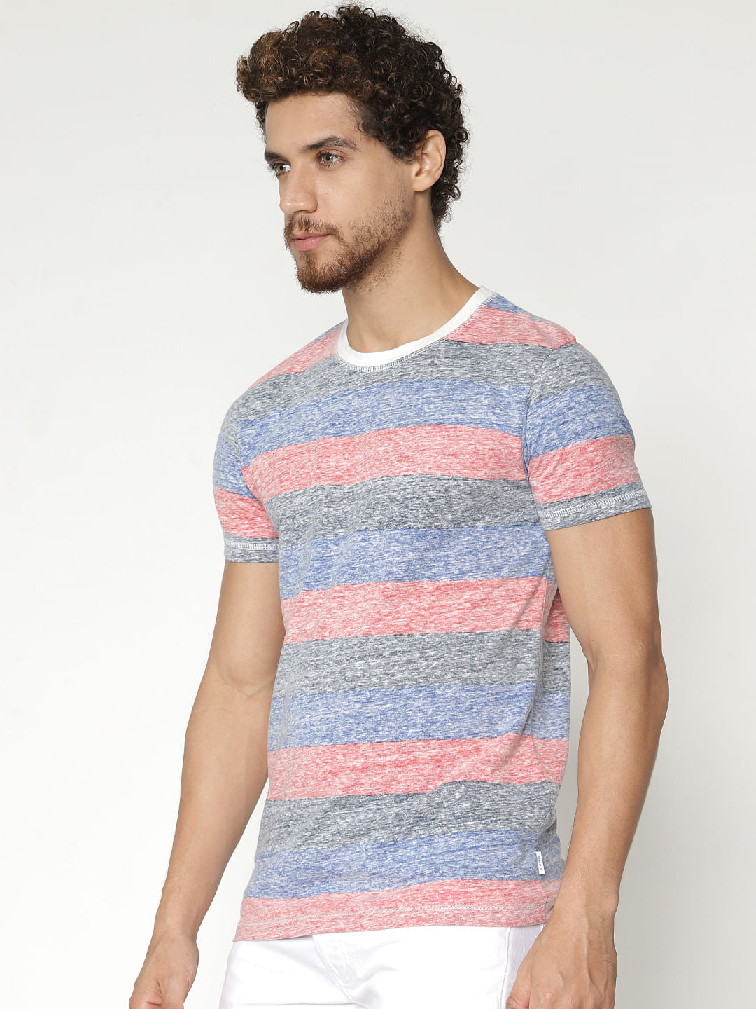 Grey Striped Colour Blocked Crew Neck T-Shirt