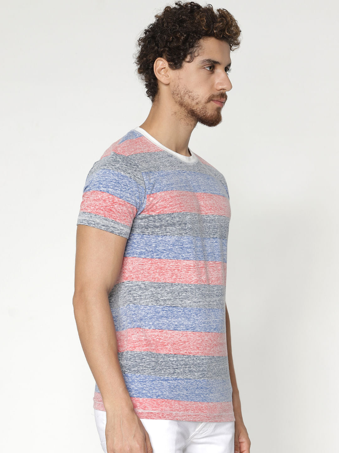 Grey Striped Colour Blocked Crew Neck T-Shirt