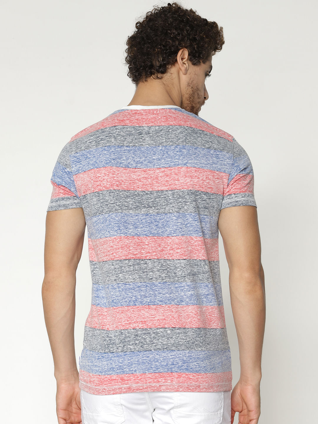 Grey Striped Colour Blocked Crew Neck T-Shirt