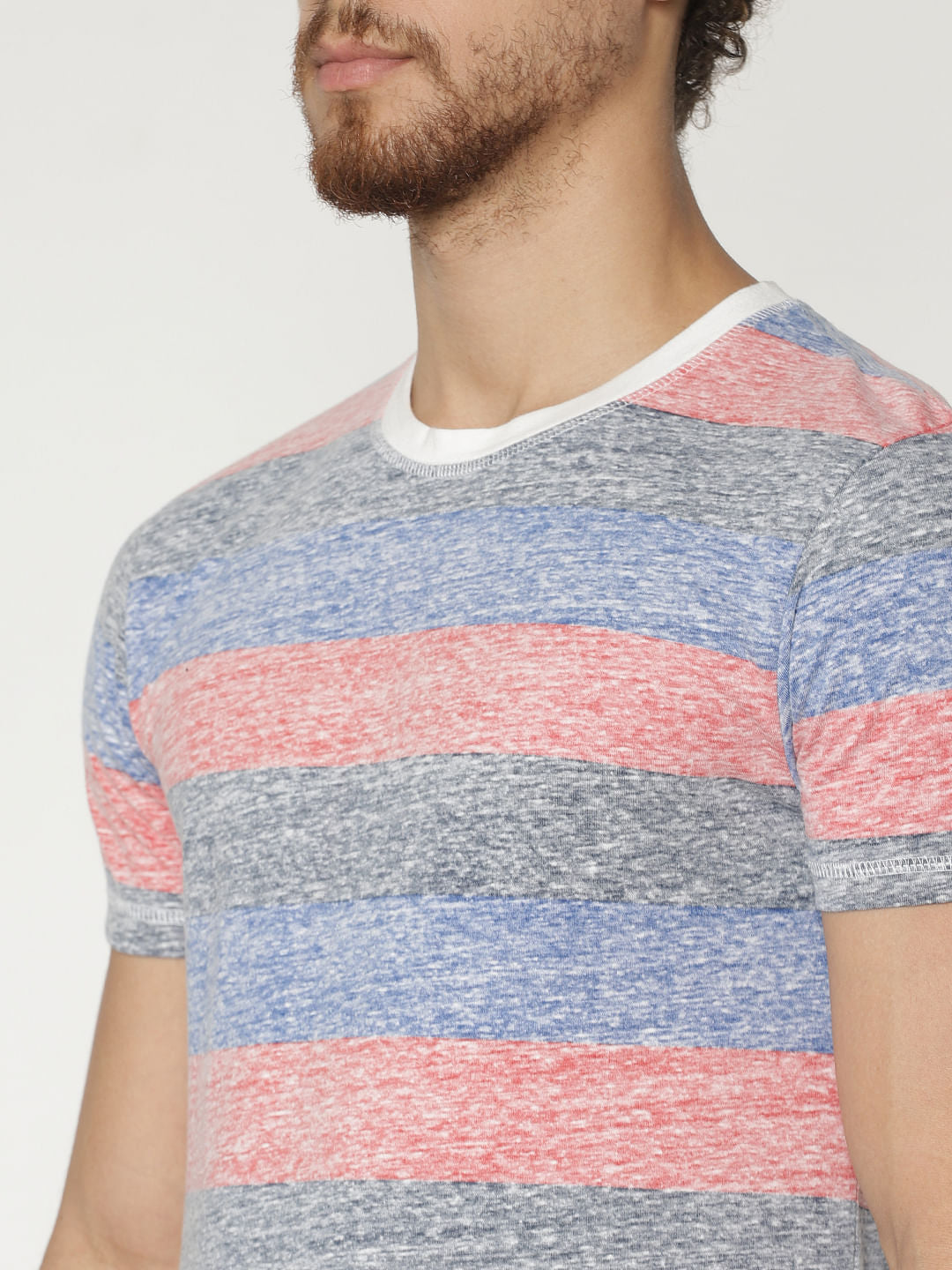 Grey Striped Colour Blocked Crew Neck T-Shirt