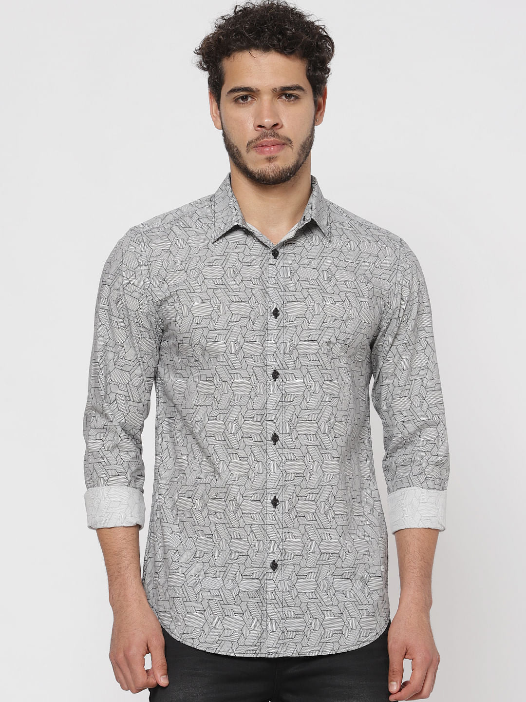 Grey All Over Print Slim Fit Full Sleeves Shirt