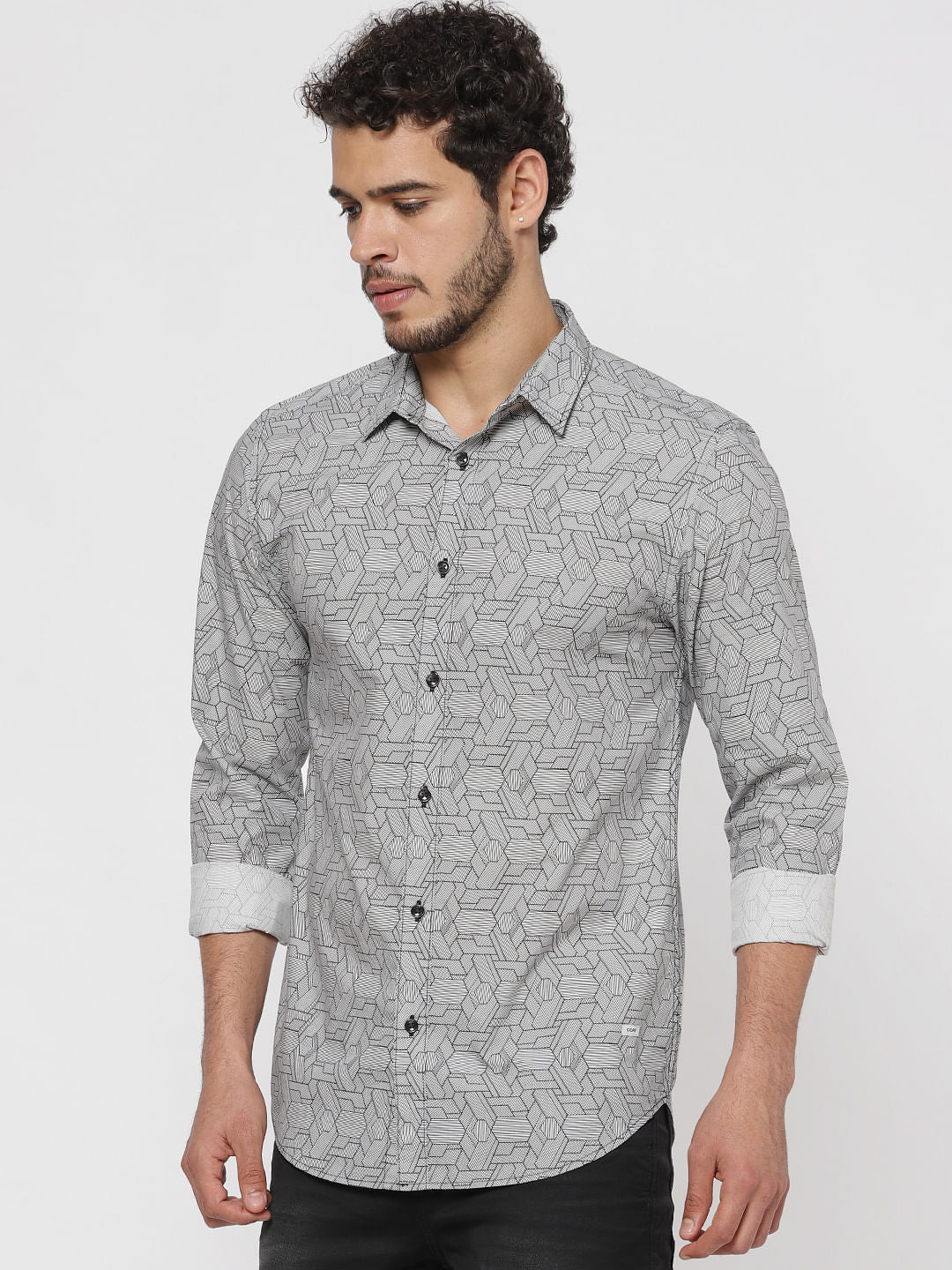 Grey All Over Print Slim Fit Full Sleeves Shirt