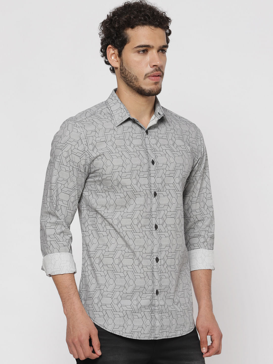 Grey All Over Print Slim Fit Full Sleeves Shirt