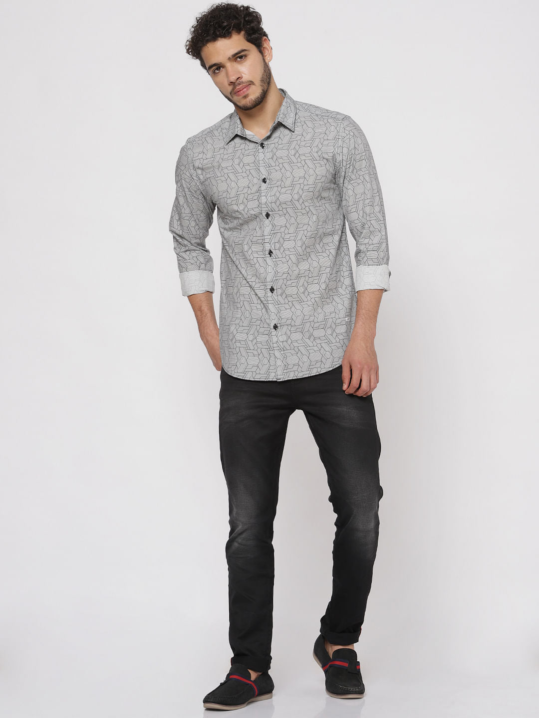 Grey All Over Print Slim Fit Full Sleeves Shirt