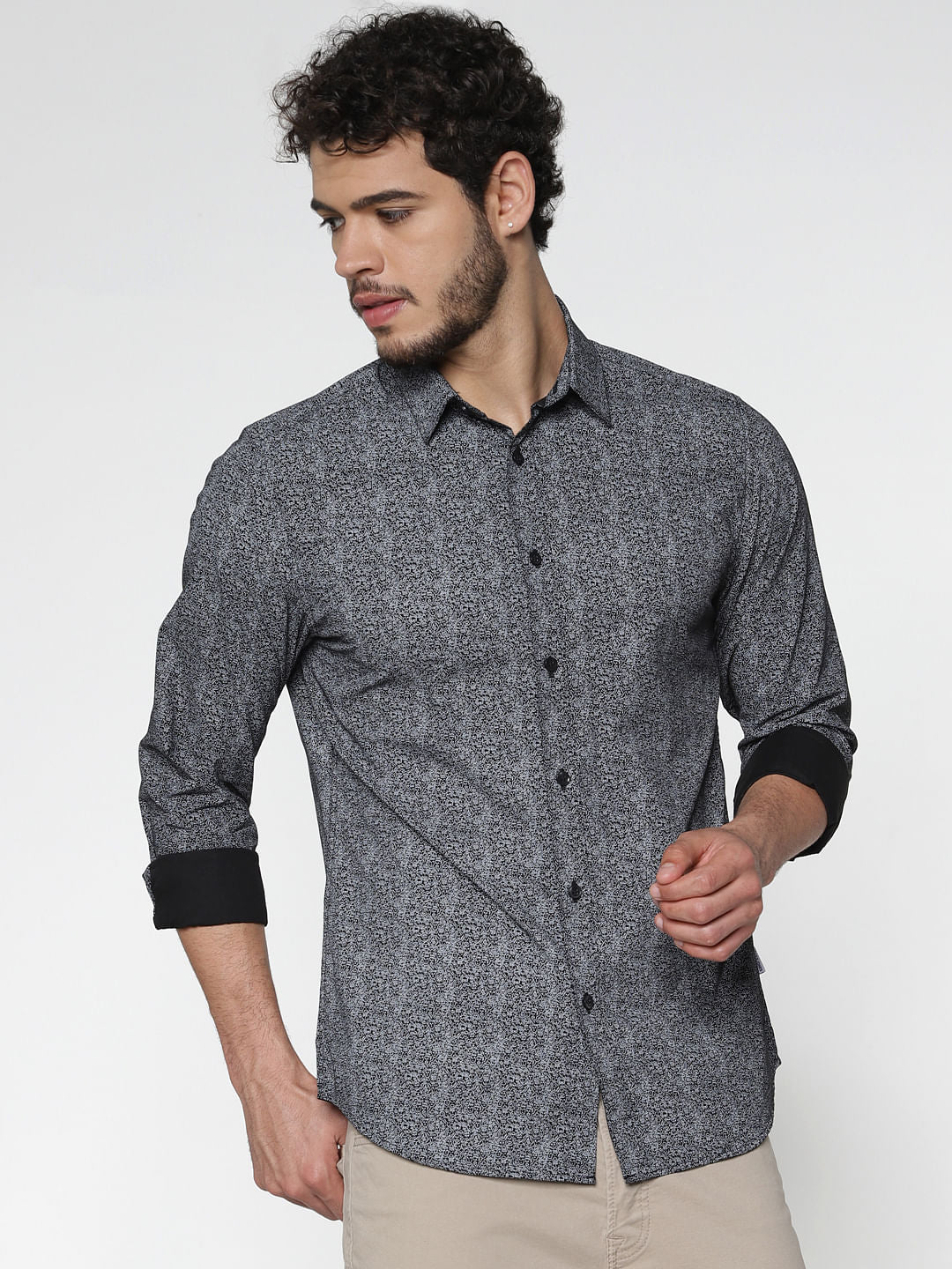 Black Printed Slim Fit Full Sleeves Shirt