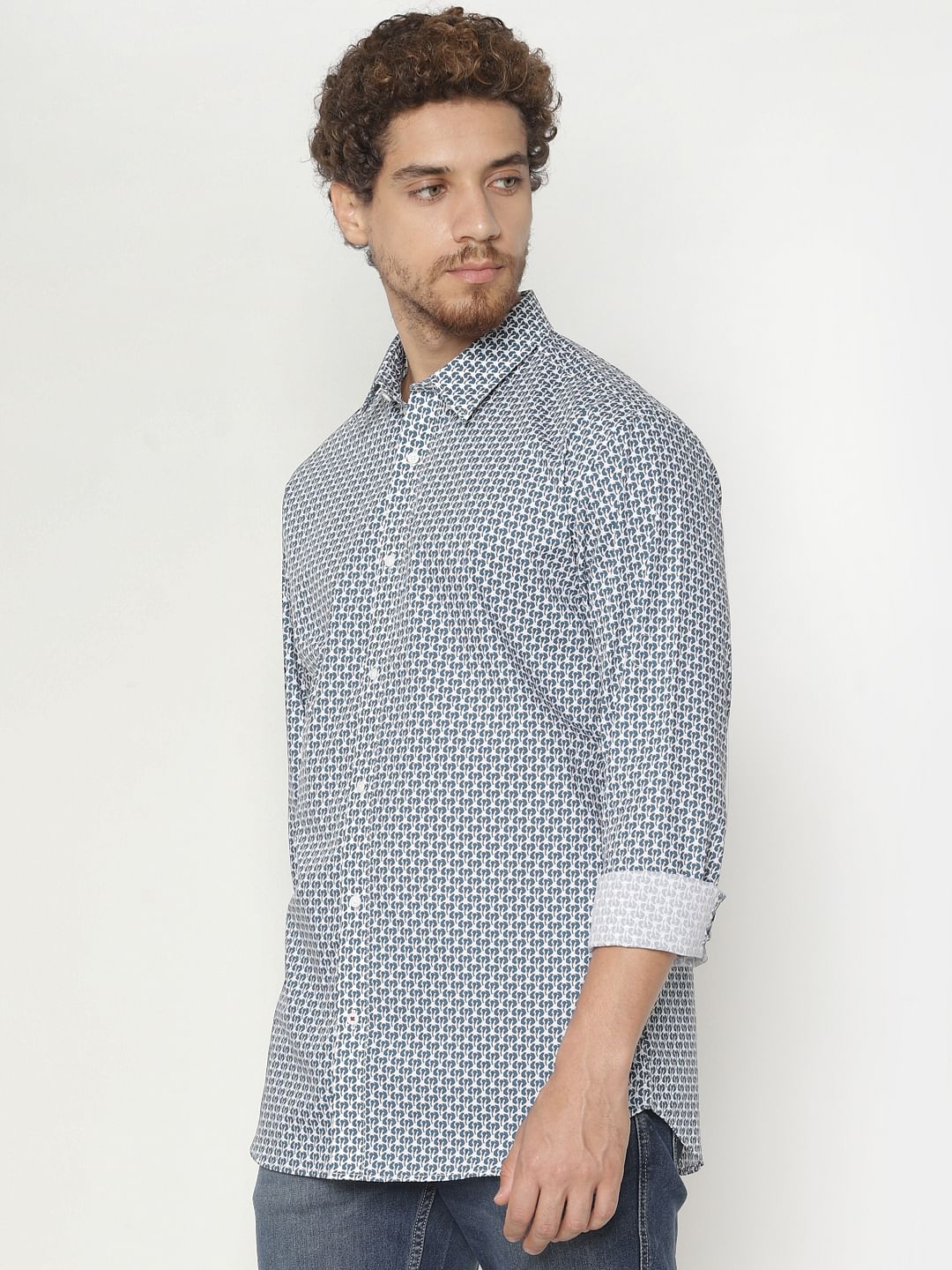 Teal Printed Slim Fit Full Sleeves Shirt