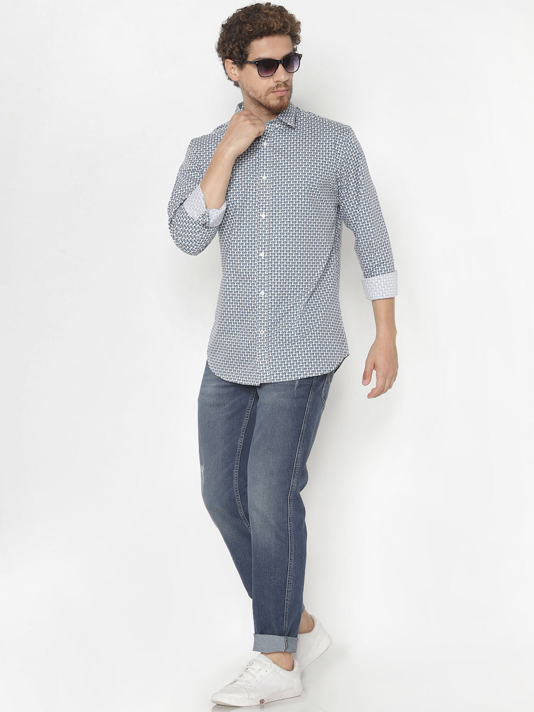 Teal Printed Slim Fit Full Sleeves Shirt
