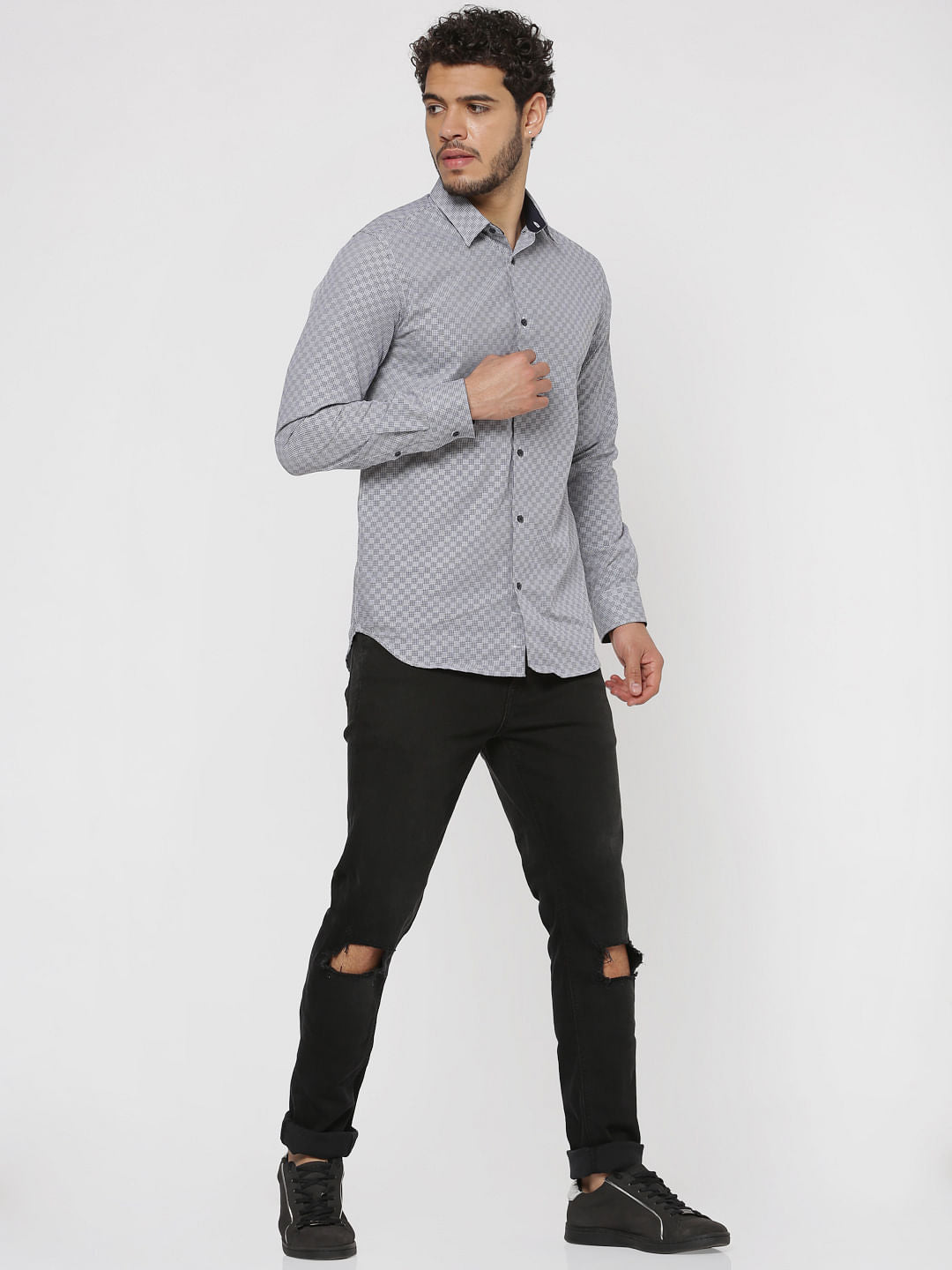 Grey Checks Slim Fit Full Sleeves Shirt