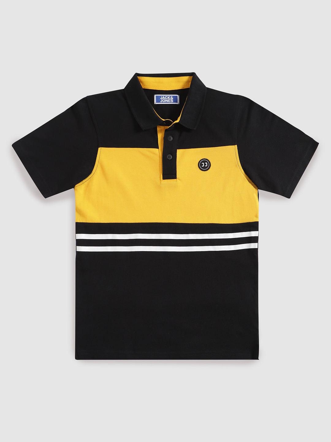 Boys Black Colour Blocked Polo Neck T-Shirt