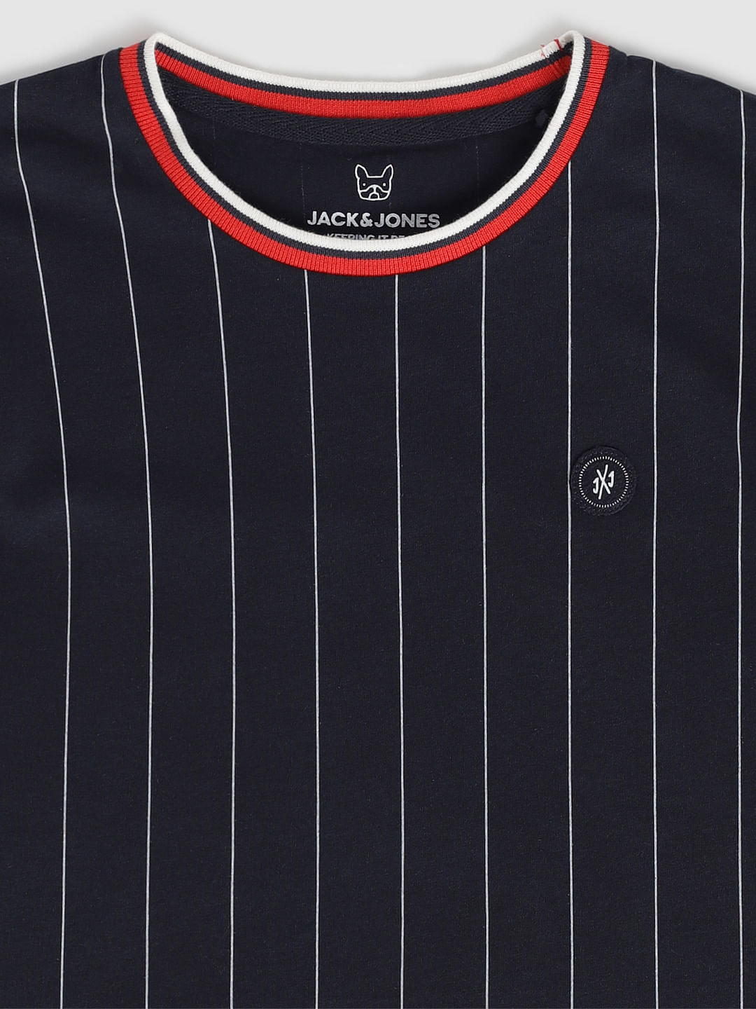 Boys Navy Blue Striped Contrast Tipping Crew Neck T-Shirt
