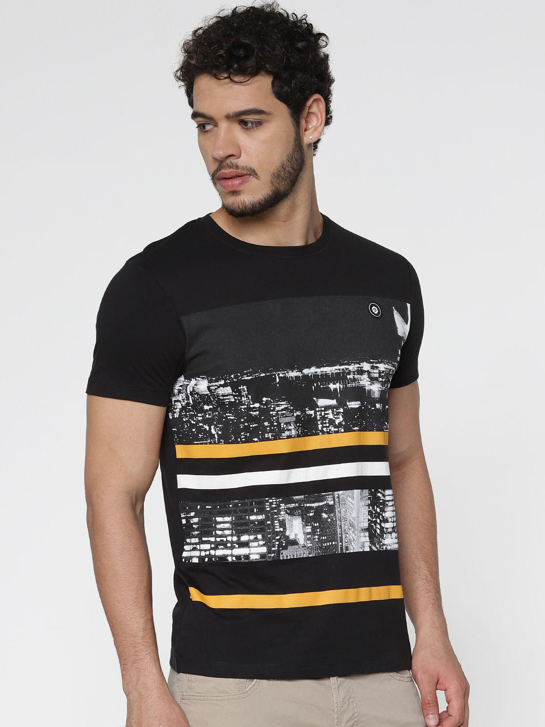 Black Graphic Print Slim Fit Crew Neck T-Shirt