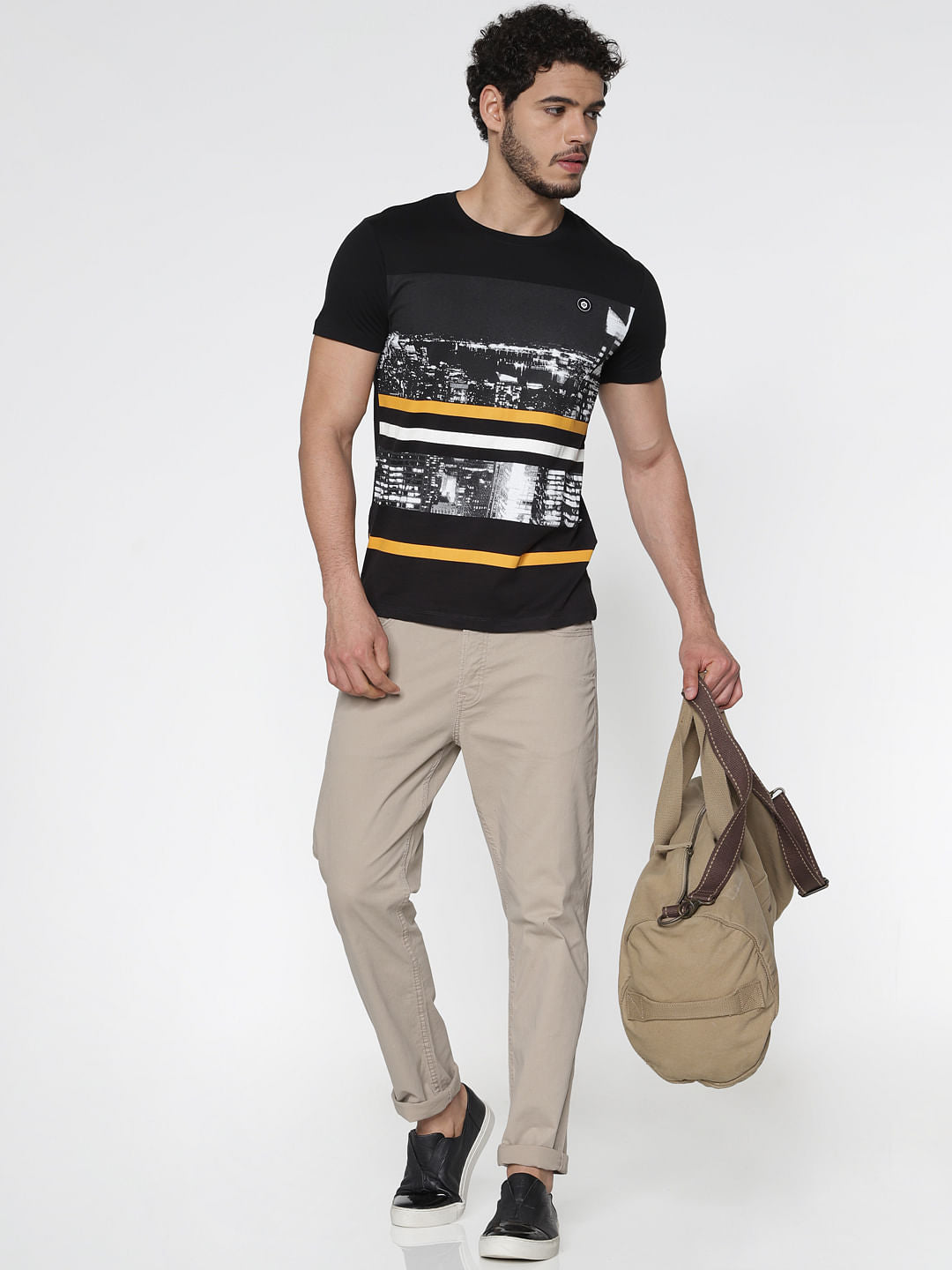 Black Graphic Print Slim Fit Crew Neck T-Shirt