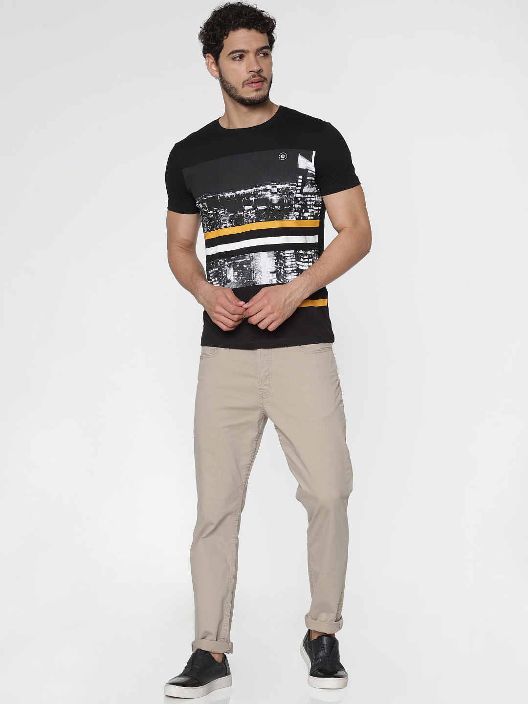 Black Graphic Print Slim Fit Crew Neck T-Shirt