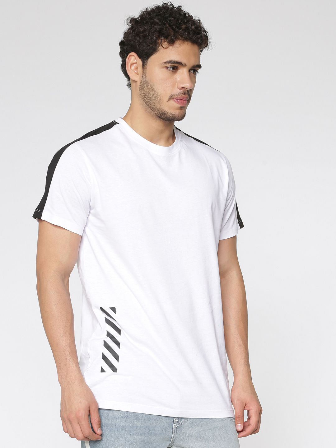White Contrast Tape And Graphic Print Slim Fit Crew Neck T-Shirt