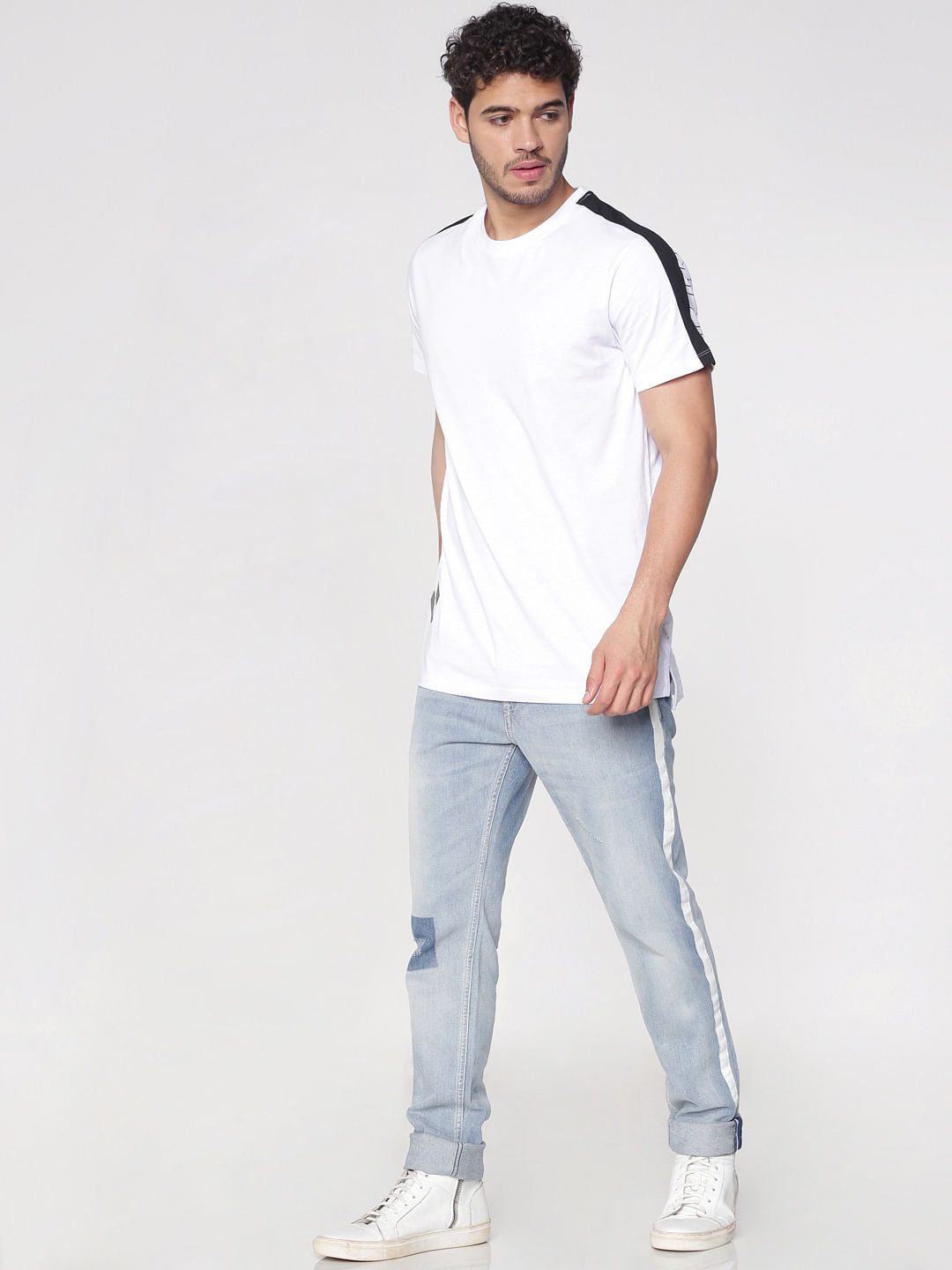 White Contrast Tape And Graphic Print Slim Fit Crew Neck T-Shirt