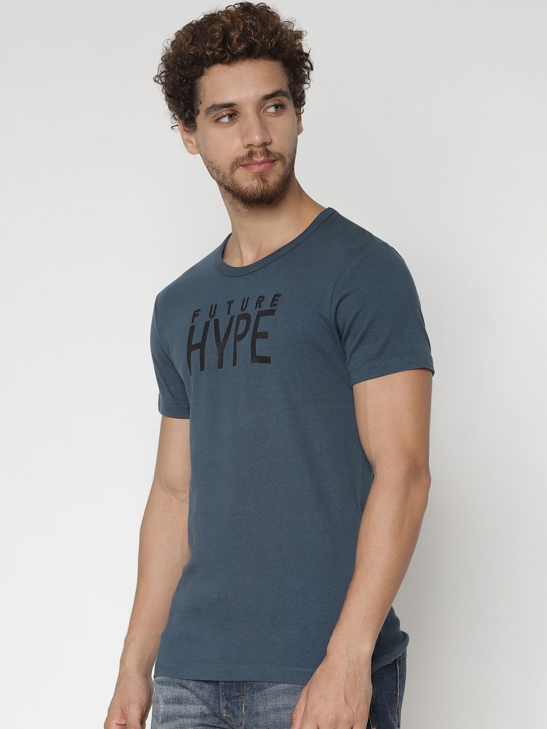 Deep Teal Text Print Crew Neck T-Shirt