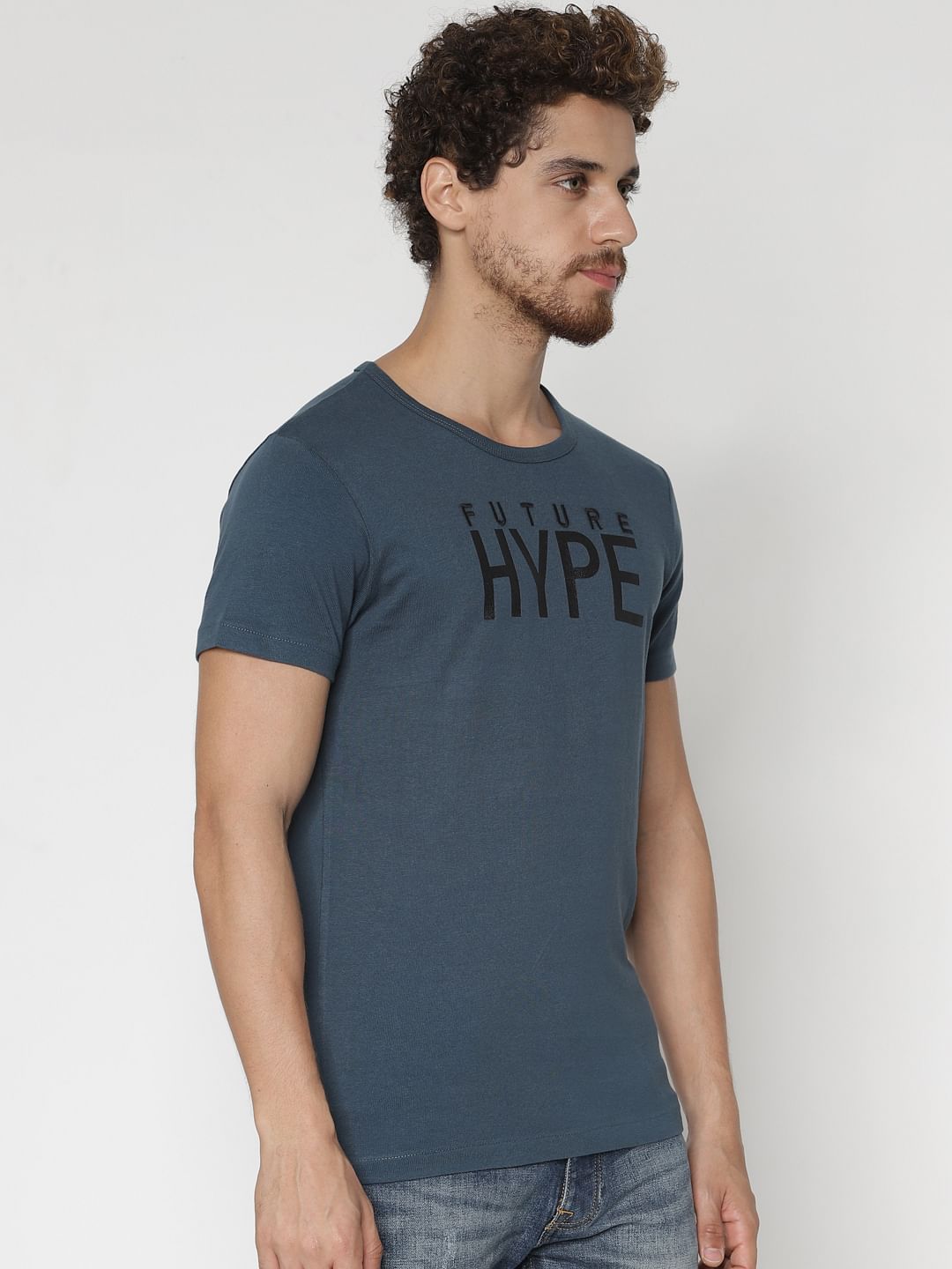 Deep Teal Text Print Crew Neck T-Shirt