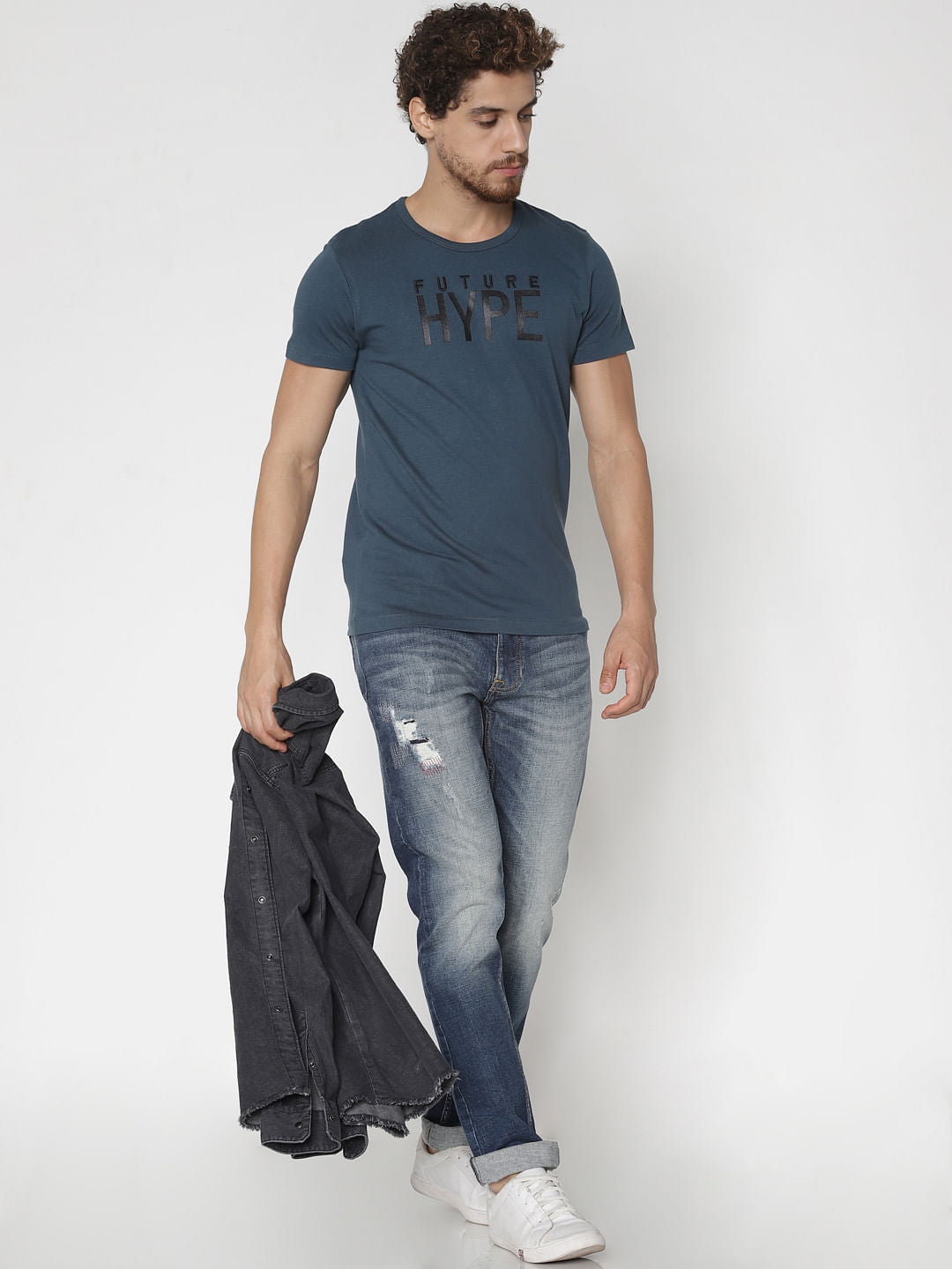 Deep Teal Text Print Crew Neck T-Shirt