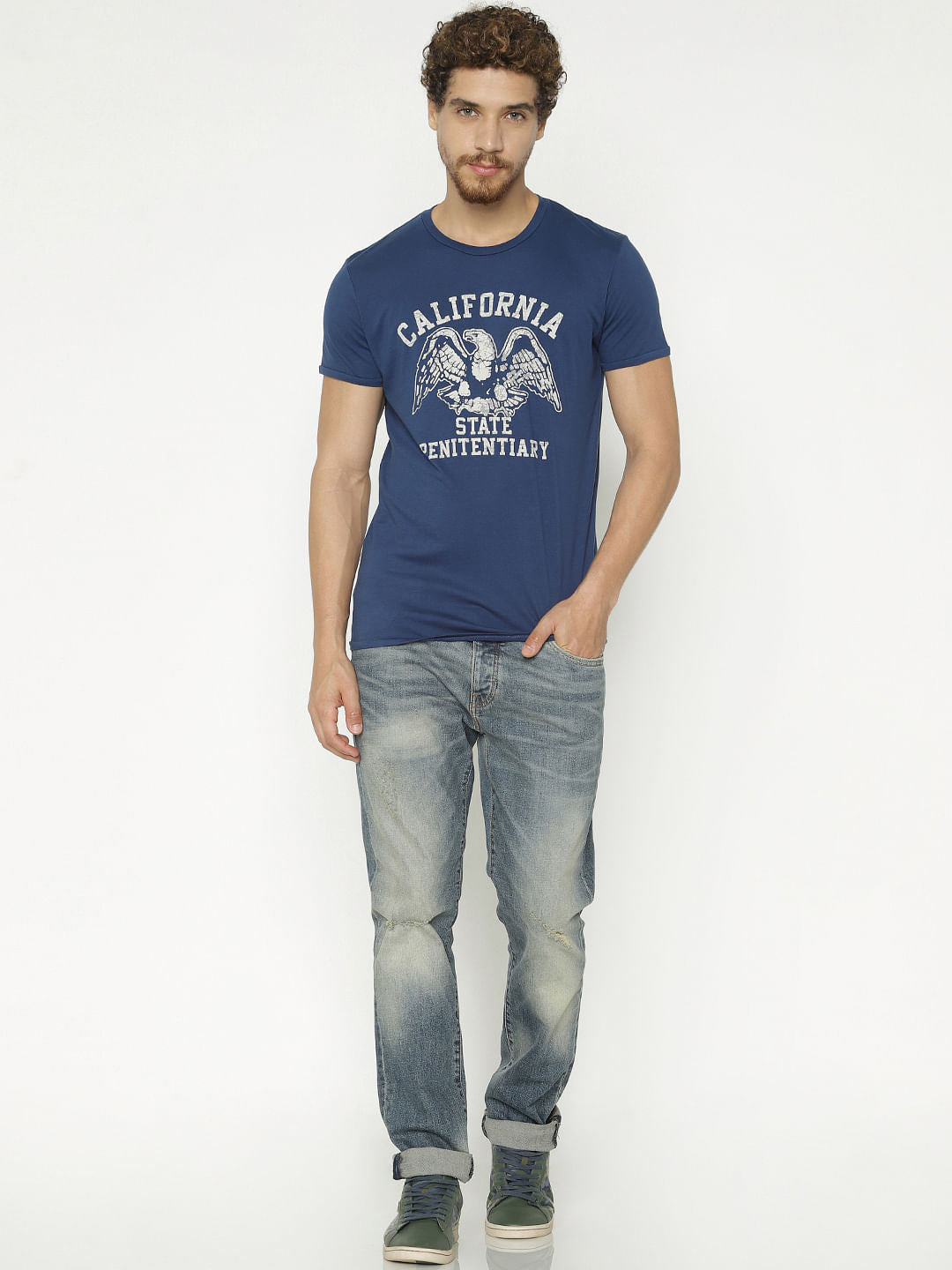 Blue Graphic Print Crew Neck T-Shirt
