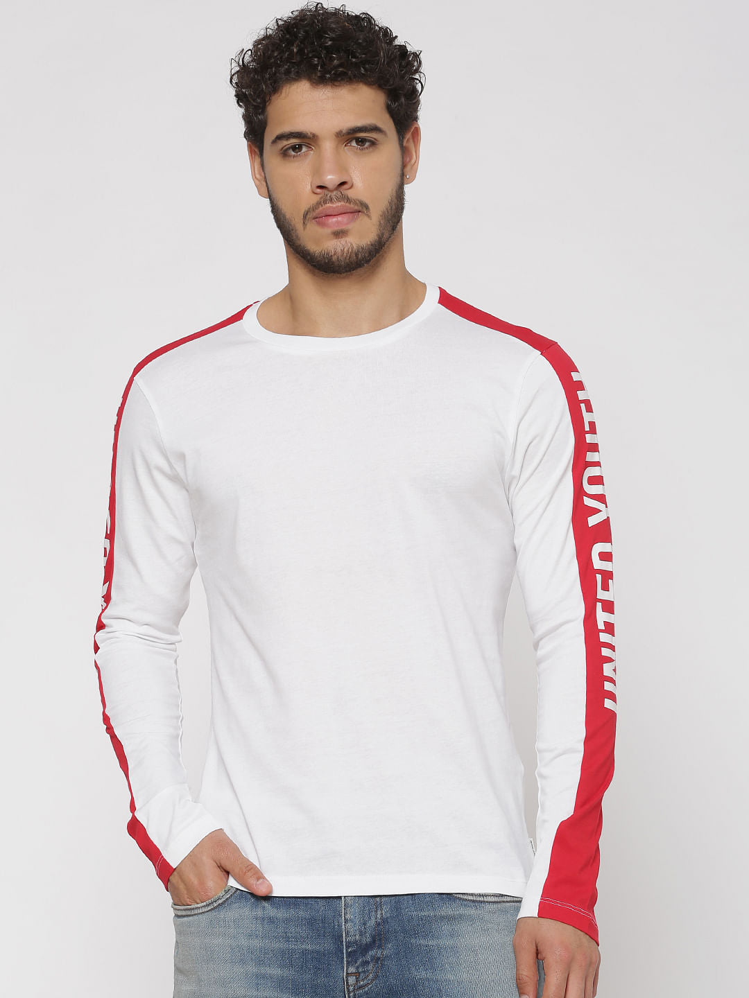 White Side Tape Detail Slim Fit Crew Neck Full Sleeves T-Shirt