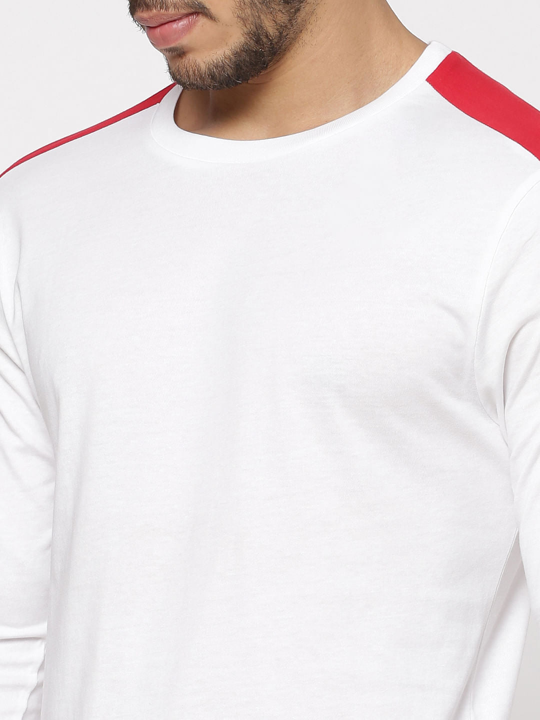 White Side Tape Detail Slim Fit Crew Neck Full Sleeves T-Shirt