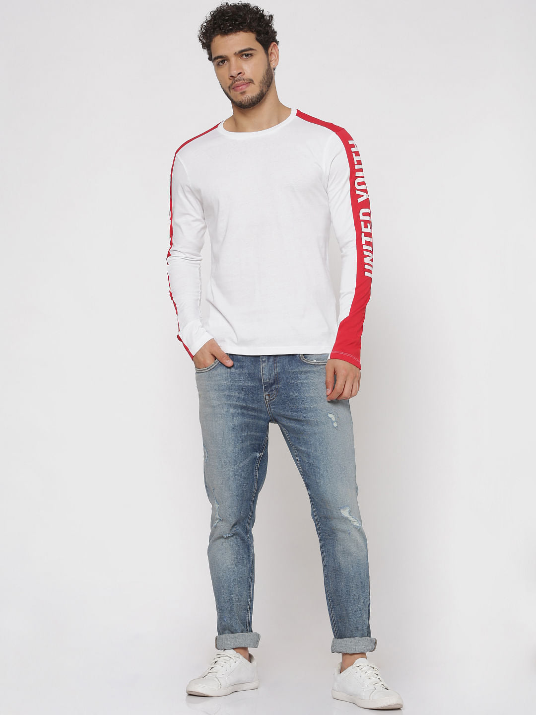 White Side Tape Detail Slim Fit Crew Neck Full Sleeves T-Shirt