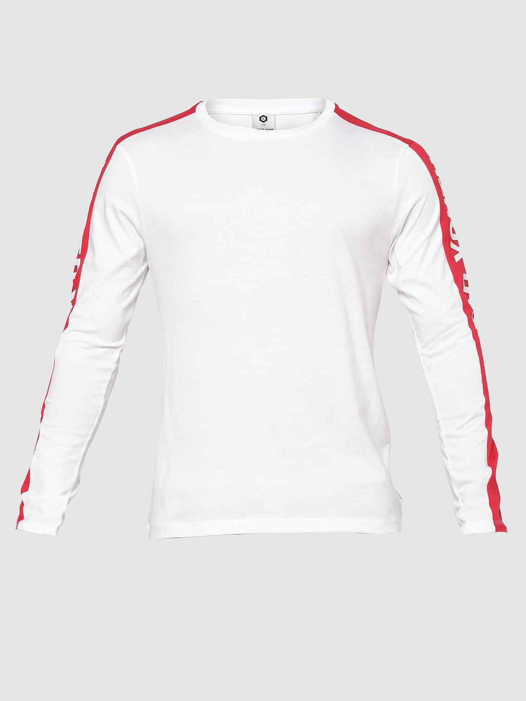 White Side Tape Detail Slim Fit Crew Neck Full Sleeves T-Shirt