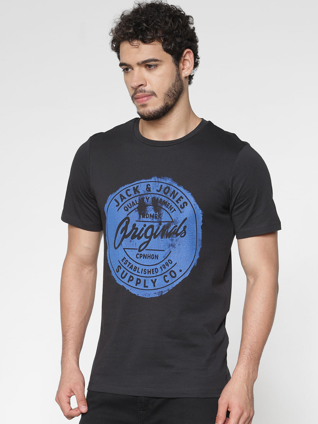Black Chest Print Slim Fit Crew Neck T-Shirt