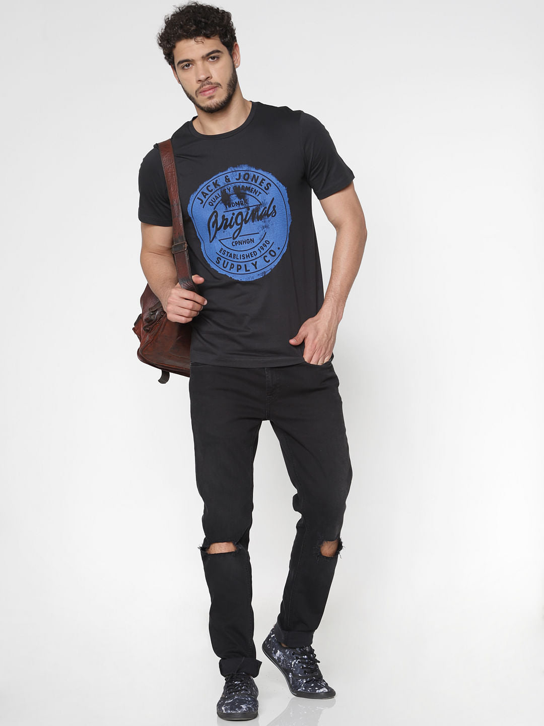 Black Chest Print Slim Fit Crew Neck T-Shirt