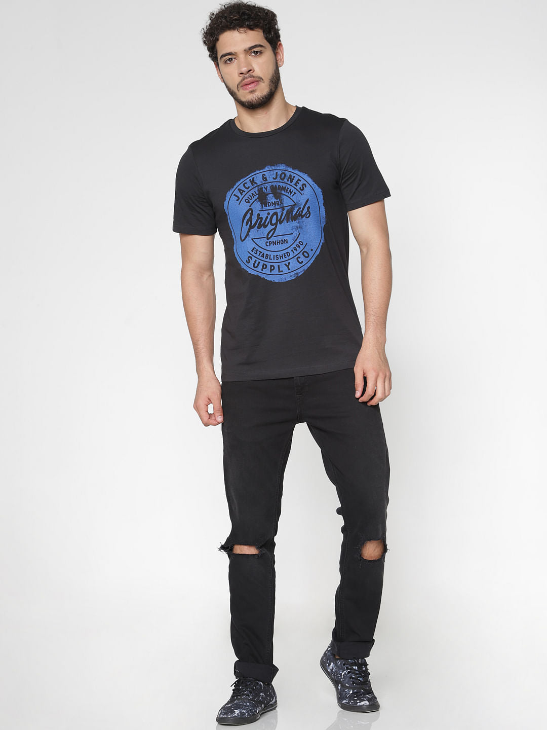 Black Chest Print Slim Fit Crew Neck T-Shirt