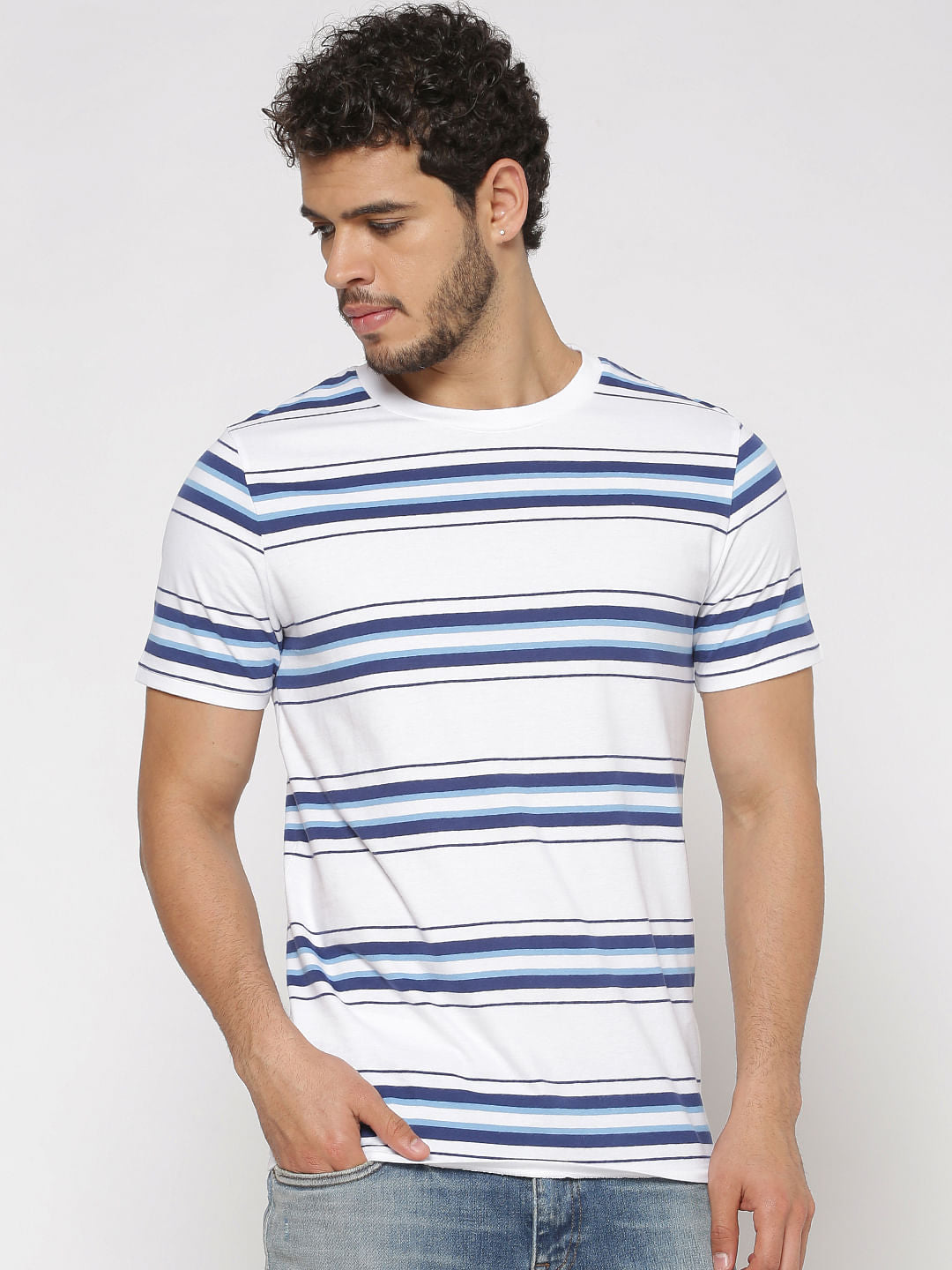 White Striped Slim Fit Crew Neck T-Shirt