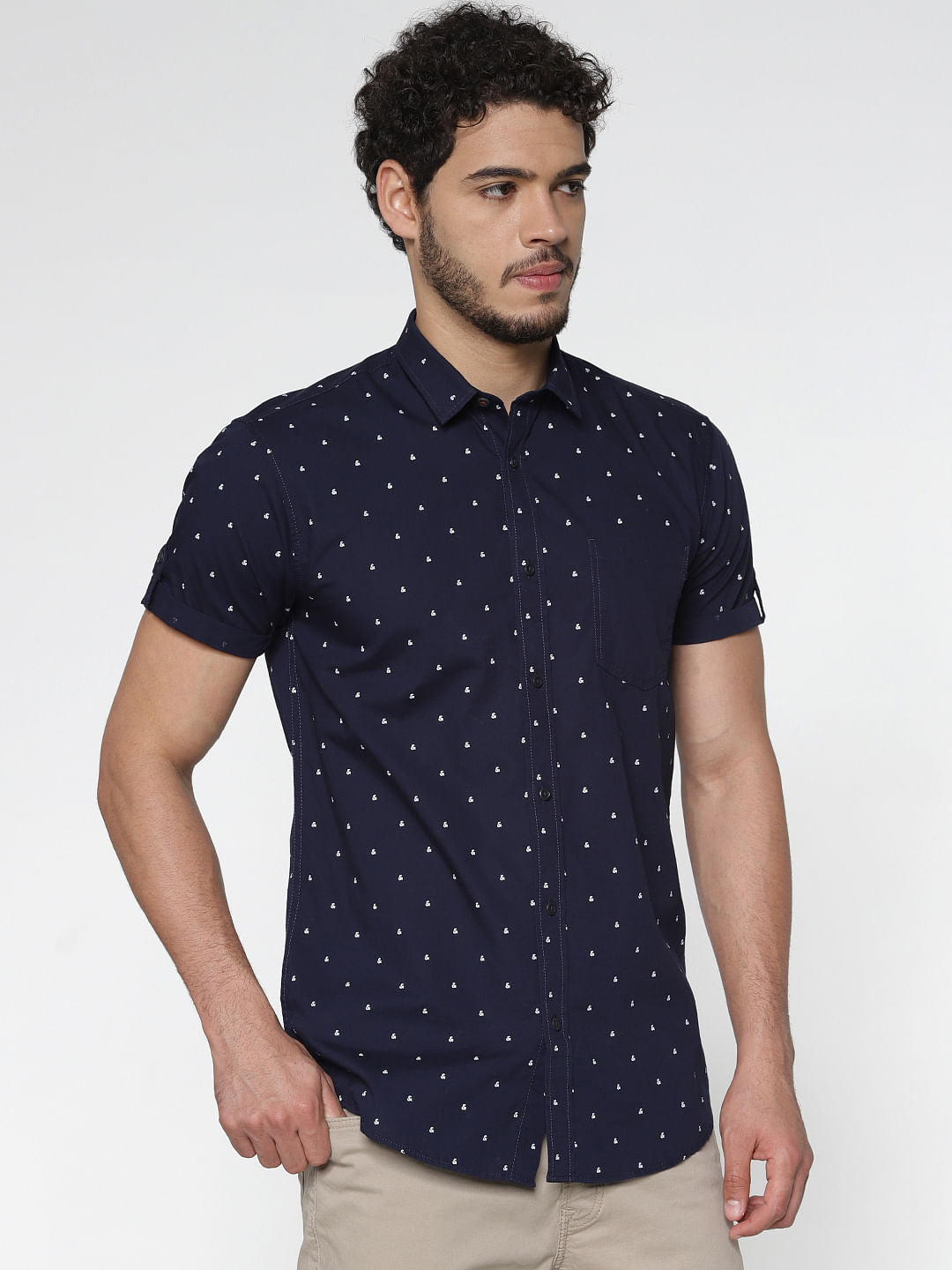 Blue All Over Printed Patch Pocket Short Sleeves Shirt